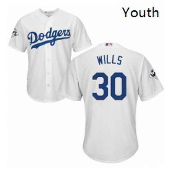 Youth Majestic Los Angeles Dodgers 30 Maury Wills Authentic White Home 2017 World Series Bound Cool Base MLB Jersey